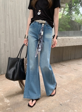 BEKISS贝斯7796-3直筒微喇牛仔裤女夏季新款喇叭裤蓝色阔腿拖地裤