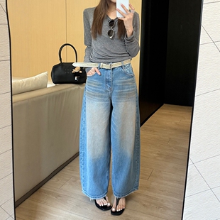 BEKISS贝斯5228阔腿牛仔裤女2026春款老爹裤高腰小个子十分弯刀裤