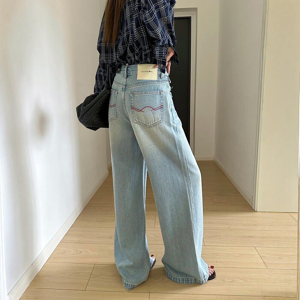 BEKISS贝斯77986-1阔腿牛仔裤女2026春季新款直筒裤浅蓝色拖地裤