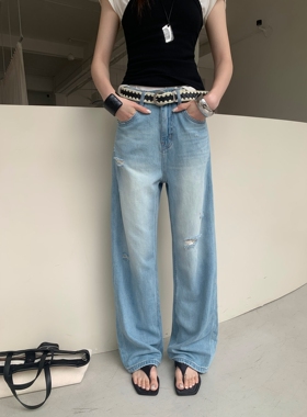BEKISS贝斯9010直筒牛仔裤女2026夏款窄版阔腿裤高腰破洞拖地裤子