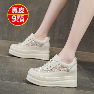真皮内增高小白鞋夏季薄款网纱网鞋9厘米网面松糕厚底透气休闲鞋