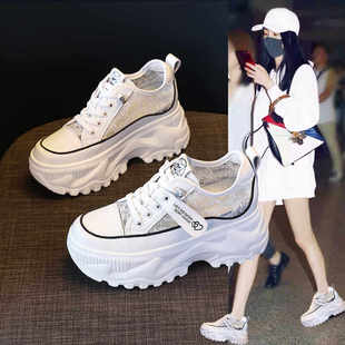配裙子真皮小白鞋女夏网面薄款女士休闲鞋小个子内增高厚底松糕鞋