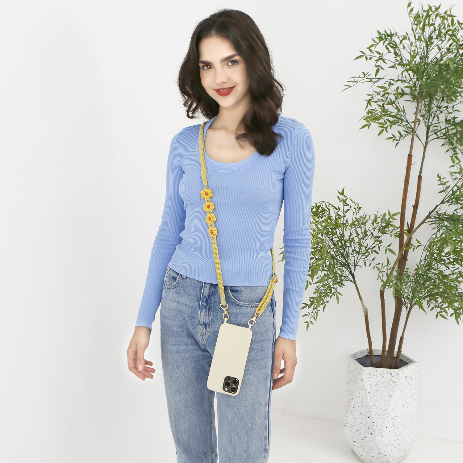 波西米亚手工编织手机绳斜挎可调节斜跨花朵菊花小雏菊电话挂绳