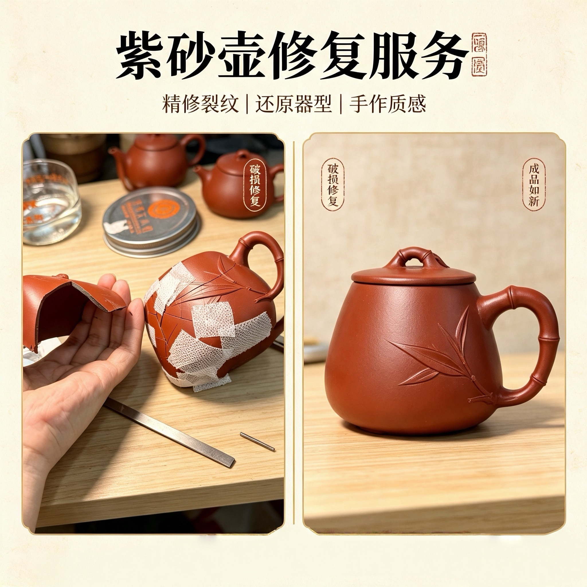 紫砂壶瓷器建盏无痕修复工艺破损壶身壶嘴破损补缺口壶把手壶身
