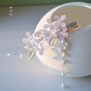 古风手工花朵发夹明制宋制汉服配饰旗袍发饰温柔清冷气质流苏对夹