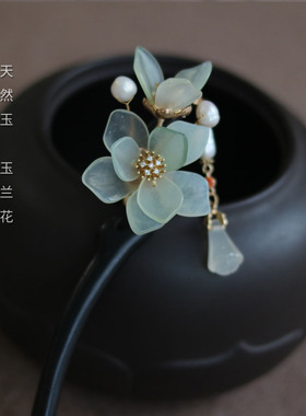 黑檀木簪子手工玉簪花汉服古装