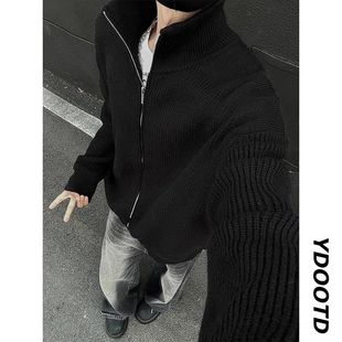 黑色双拉链开衫毛衣男款春秋冬季加厚半高领外套高级感美式针织衫