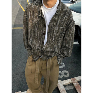 无领毛边设计感针织外套男款秋冬季宽松慵懒风衬衫美式高级感夹克