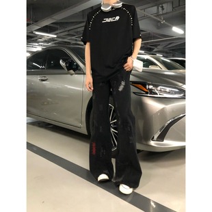 美式复古刺绣拼接亚比做旧微喇牛仔裤男春秋季小众拖地阔腿长裤子