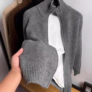 双拉链半高领开衫针织衫秋冬季厚款毛衣外套男装纯色夹克粗毛线衣