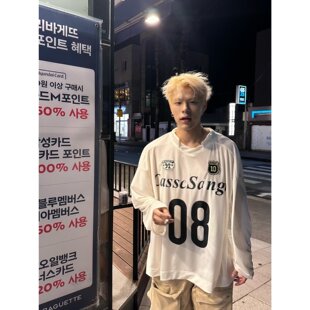 美式复古机车风运动V领休闲长袖T恤男款春秋季字母嘻哈设计感上衣