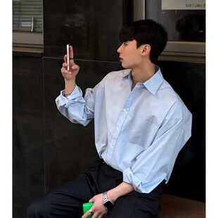 蓝色衬衫男款高级感休闲风长袖衬衣日系简约秋季韩版上衣外套男装