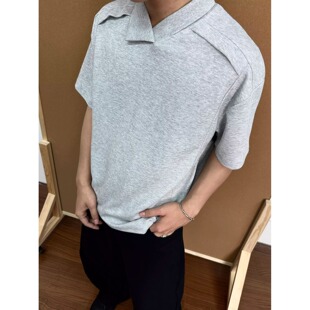 花灰色美式解构垫肩t恤男高级感春夏不规则翻领短袖boxy重磅半袖