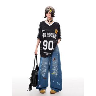 90号球衣短袖T恤男女泽西风运动V领橄榄夏季美式复古宽松上衣服bf