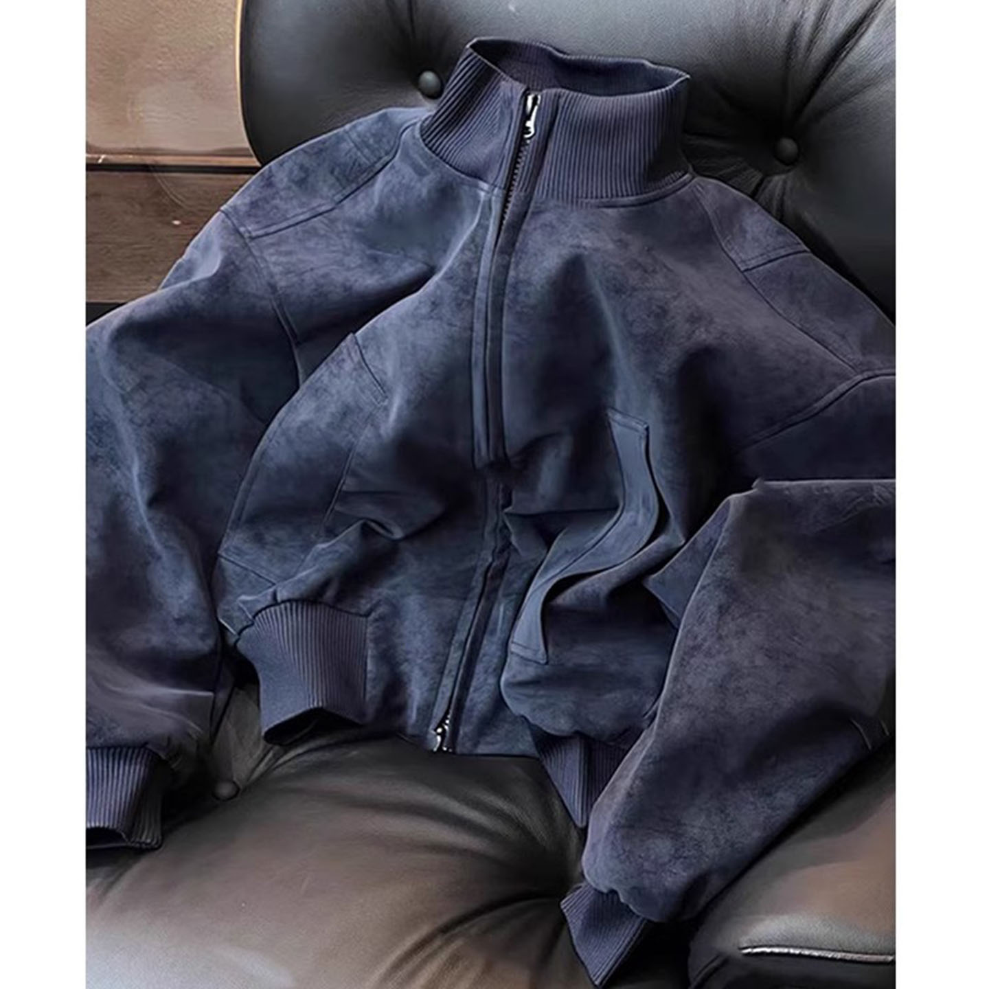 藏青色美式短款皮衣外套男款秋季cleanfit飞行夹克立领正肩棒球服