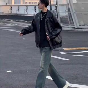 美式机车皮衣外套男士秋季痞帅PU夹克美拉德高级感搭配牛仔裤套装