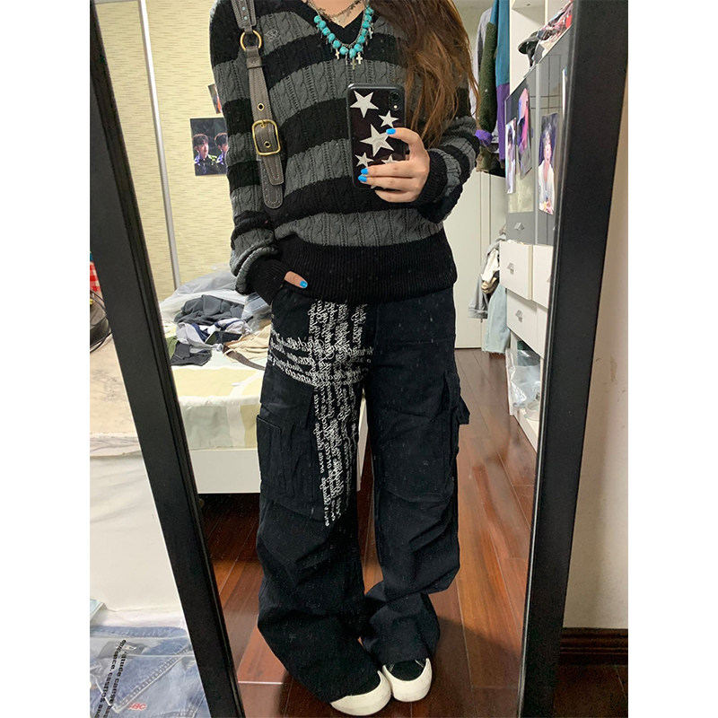 黑色字母印花牛仔裤男款春季美式高街vibe多口袋褶皱直筒阔腿长裤,男装,牛仔裤,淘宝优惠券,粉丝福利购,淘宝优惠卷