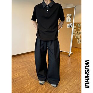 t恤男装 欧美宽松拉链翻领高端Polo衫 重磅纯色短袖 新款 男2026夏季