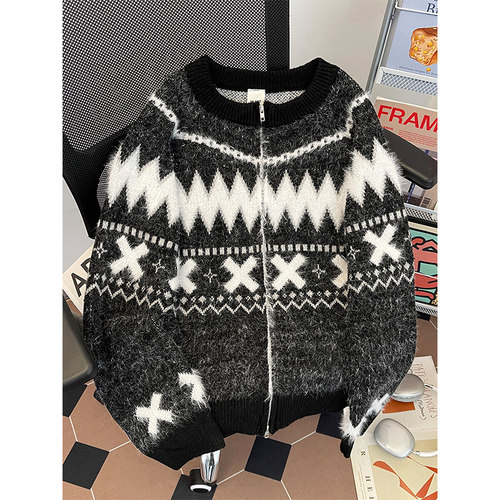 费尔岛氛围感提花撞色开衫毛衣男女冬季宽松bf风针织衫拉链设计感