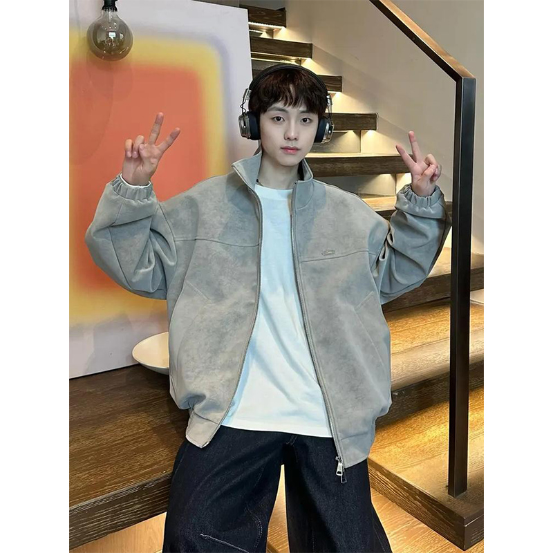 美式复古扎染皮衣外套男款秋冬季立领棒球服cleanfit飞行PU皮夹克