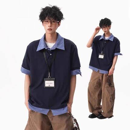学院风假两件Polo衫短袖T恤男女夏季高级感情侣简约宽松半袖上衣