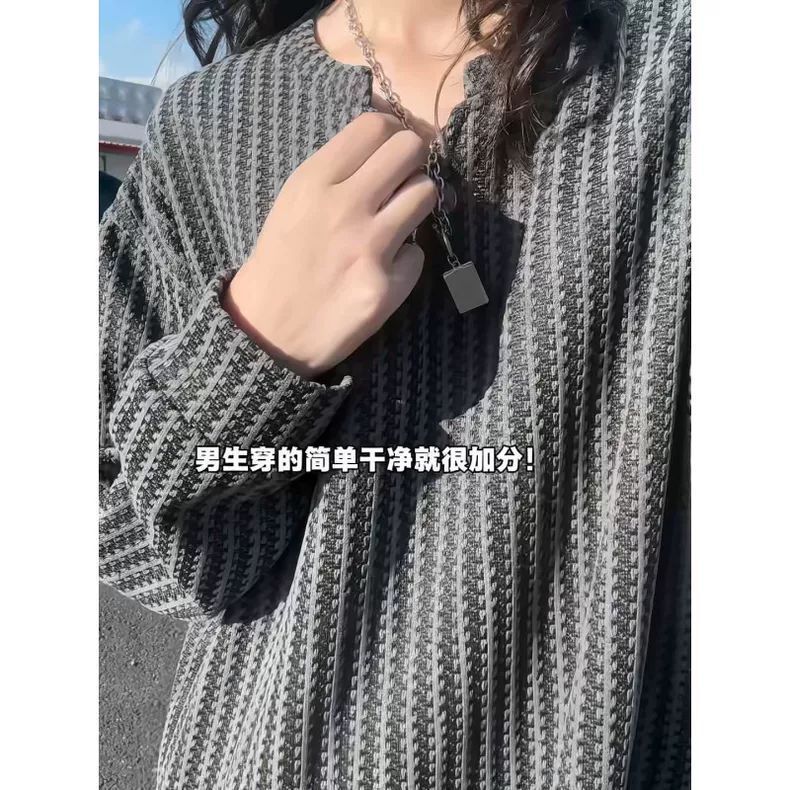 港风酷v领长袖t恤男秋季黑白拼色条纹打底衫松弛感宽松情侣上衣潮