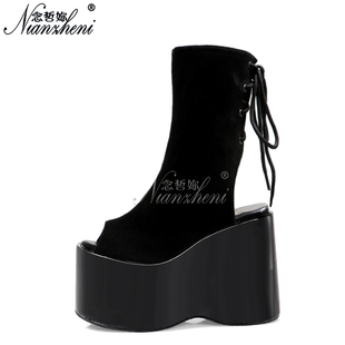 松糕底超高跟鞋 13cm短筒凉靴绒面亮面鱼嘴绑带cos漫展演出欧美风