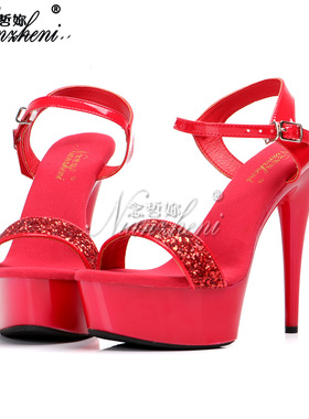 车展高跟鞋模特T台走秀闪粉红色露趾凉鞋15公分超高跟鞋恨天高女