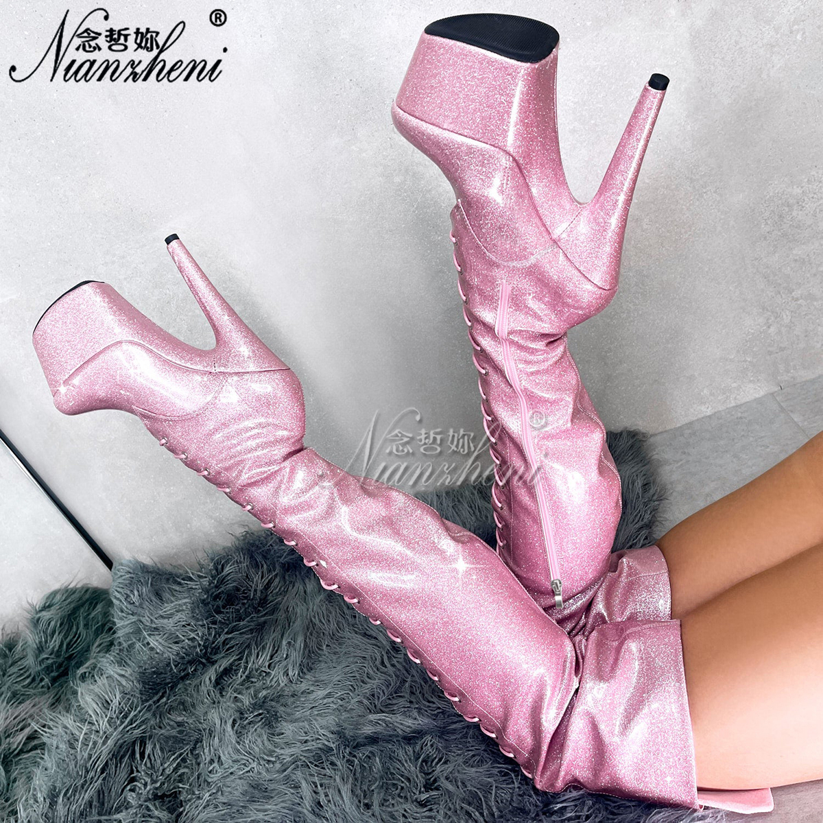 防水台大码过膝长靴17厘米超高跟鞋恨天高细跟漆皮绑带舞台演出女