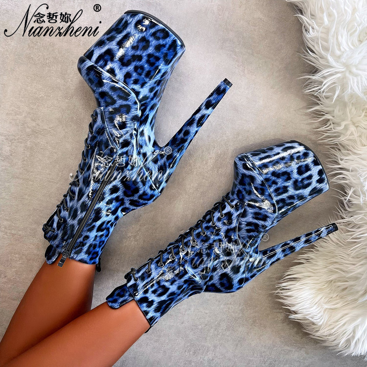 外贸细跟防水台大码低筒短靴性感豹纹模特走秀20CM超高跟鞋恨天高