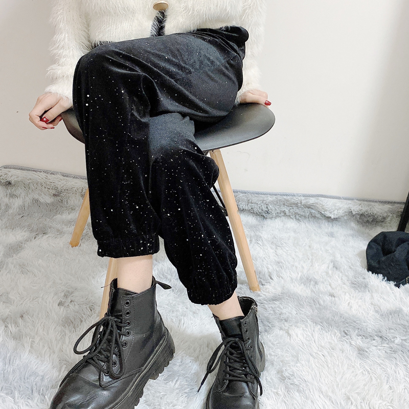 高腰宽松束腿长裤亮片哈伦裤