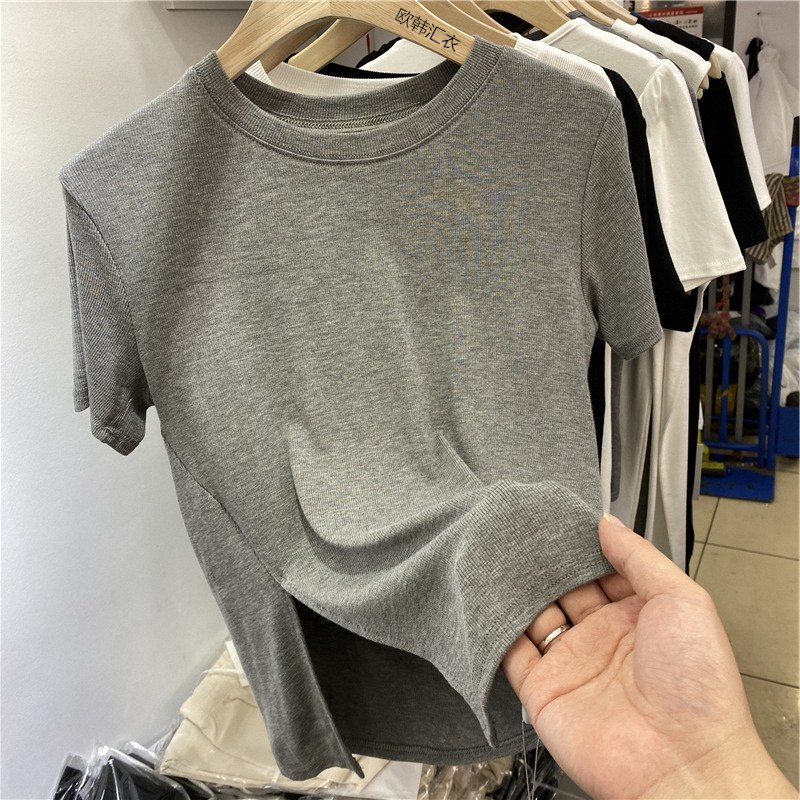 厚款莫代尔螺纹女百搭短袖开叉图片
