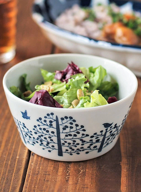 日本制MINORU北欧植物条纹平底饭碗沙拉酸奶麦片水果甜品汤碗小钵