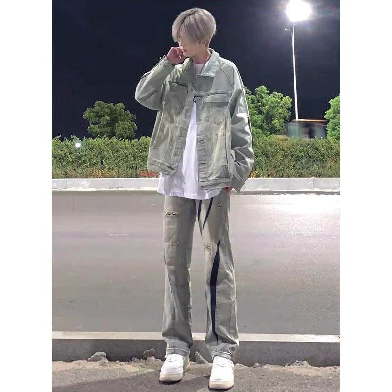 봄과 가을 노란색 진흙 데님 재킷 소년 유행 브랜드 루즈하고 잘생긴 청소년 재킷 정장과 완전한 세트