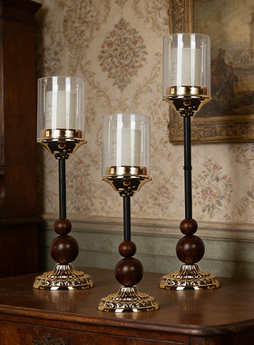 法式复古黑色金属玻璃烛台摆件