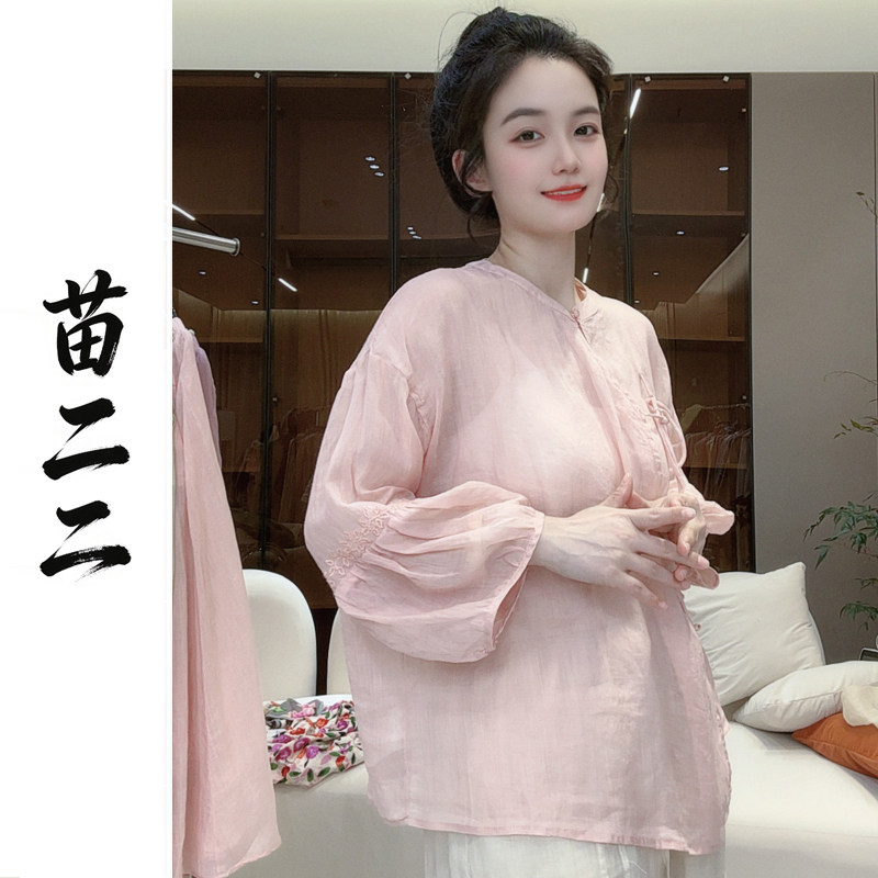 苗二二100%纯苎麻夏季新款百搭小衫女士文艺复古风灯笼袖上衣衬衫