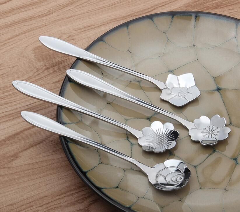 创意不锈钢花勺茶勺不锈钢玫瑰花樱花勺日本原单花形咖啡勺创意勺