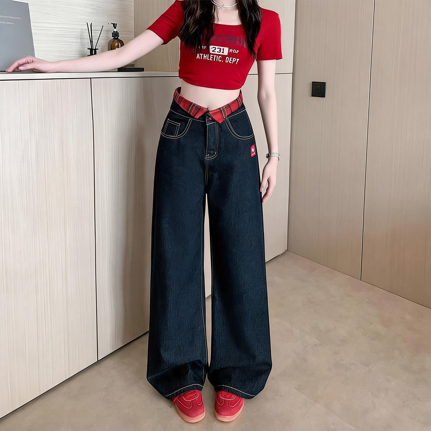 美式复古假两件格子腰头牛仔裤女牛仔裤