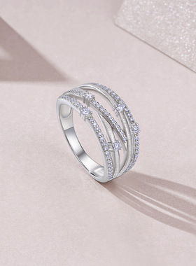 S925银莫桑石交叉叠戴轻奢女戒