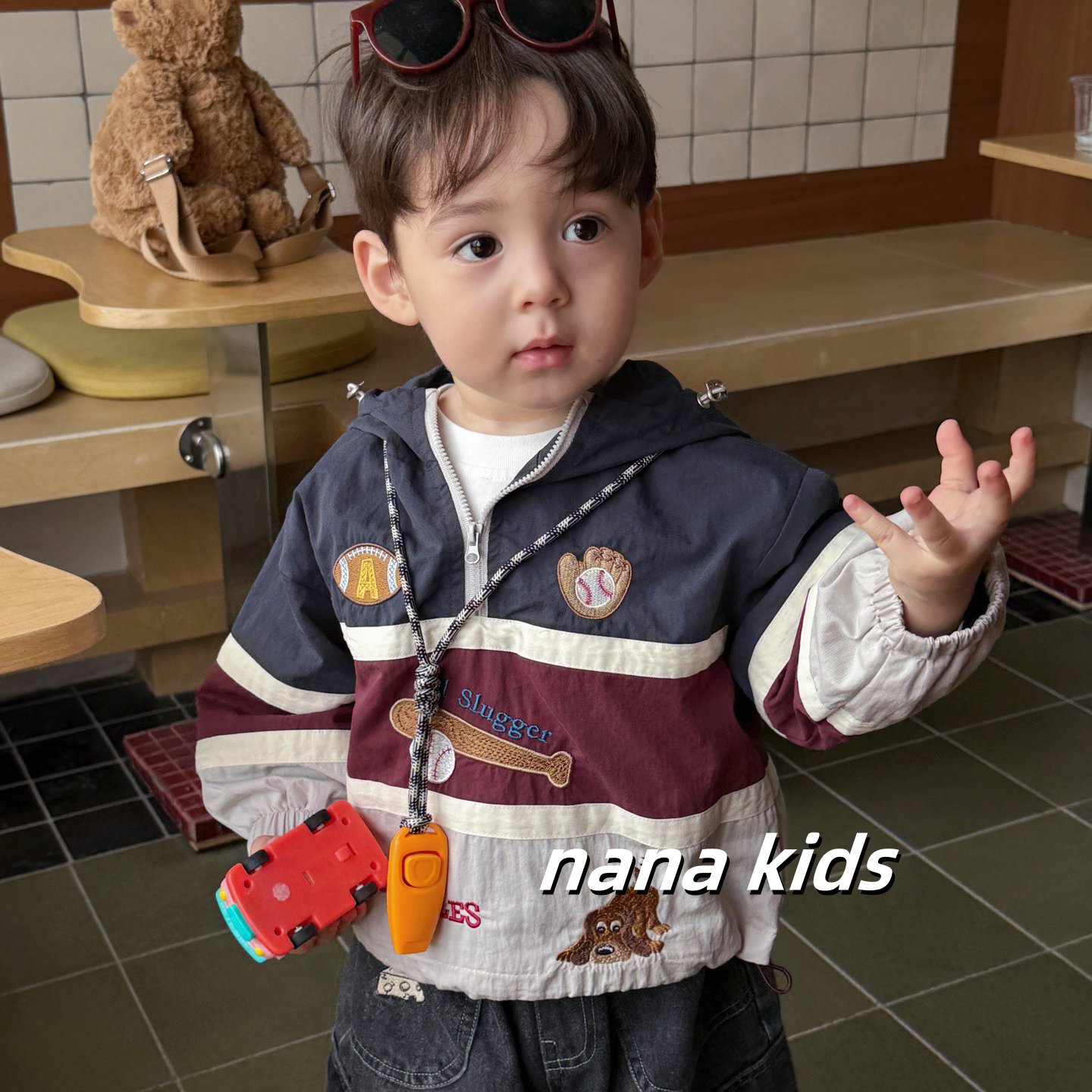 NANA kids韩国童装男童韩版字母印花连帽小夹克卡通休闲牛仔裤