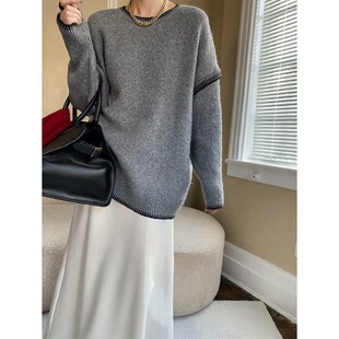 毛衣 撞色手工缝线圆领宽松慵懒风针织衫 SN6943 分割设计感 司南