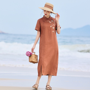 新中式高端刺绣亚麻文艺中长款小个子微胖显瘦夏季复古优雅连衣裙