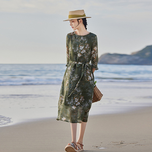 高级感苎麻碎花连衣裙女2026新款轻奢夏季气质显瘦文艺优雅棉麻裙
