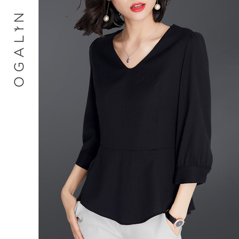 早秋2020新款小衫女洋气百搭V领上衣棉麻女装宽松显瘦七分袖t恤女