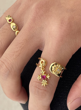 博主同款十字架复古彩色锆石开口戒指精致轻奢金色拉丝新年尾戒