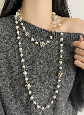 小香风复古灯笼大小珍珠长款项链女款2025新款秋冬时髦叠戴毛衣链