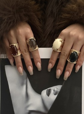 新款手饰欧美风嘻哈镶嵌树脂时尚高级指环百搭不规则几何戒指