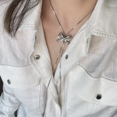 钛钢不掉色长款项链银色百搭锆石小铲子小众轻奢高级感毛衣链