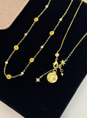 vintager复古金色星芒中古项链吊坠月亮锁骨链轻奢时尚高级感配饰