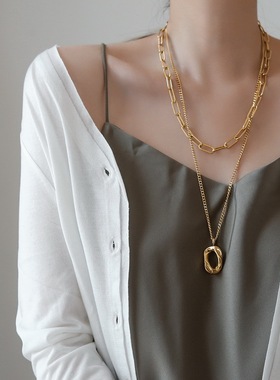 不掉色小众轻奢设计感双层链条毛衣链女长款项链女夏吊坠装饰饰品